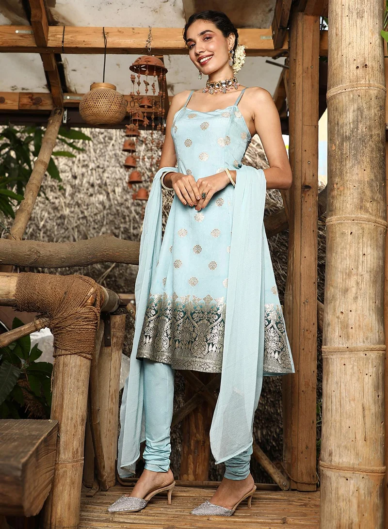  قصة Women's Powder Blue Floral Zari Anarkali Set For Casual Wear | Scoop Neck | Sleeveless | 3 Piece Kurta Set Designed With Comfort Fit For Everyday Ethnic Wear